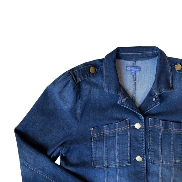 Democracy Denim Trucker Jean Jacket Blue Military Indie Grunge Faded-XL - Picture 5 of 16